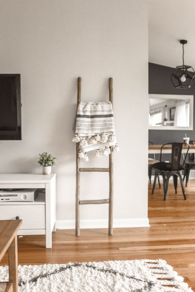 Decorative ladder with a striped blanket draped over it, small potted plant, and modern living room setting featuring a TV and dining area, enhancing home appeal for potential buyers.