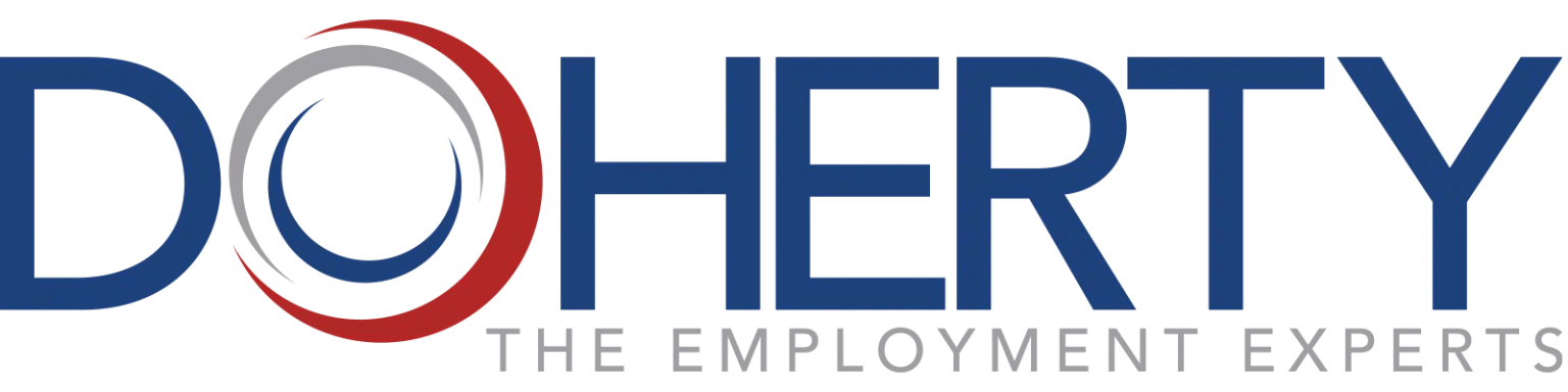 Doherty logo featuring the text "DOHERTY" in blue and "THE EMPLOYMENT EXPERTS" in gray, with circular design elements in red, gray, and blue.