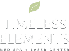 Timeless Elements logo featuring a leaf, representing a med spa and laser center focused on beauty and wellness.