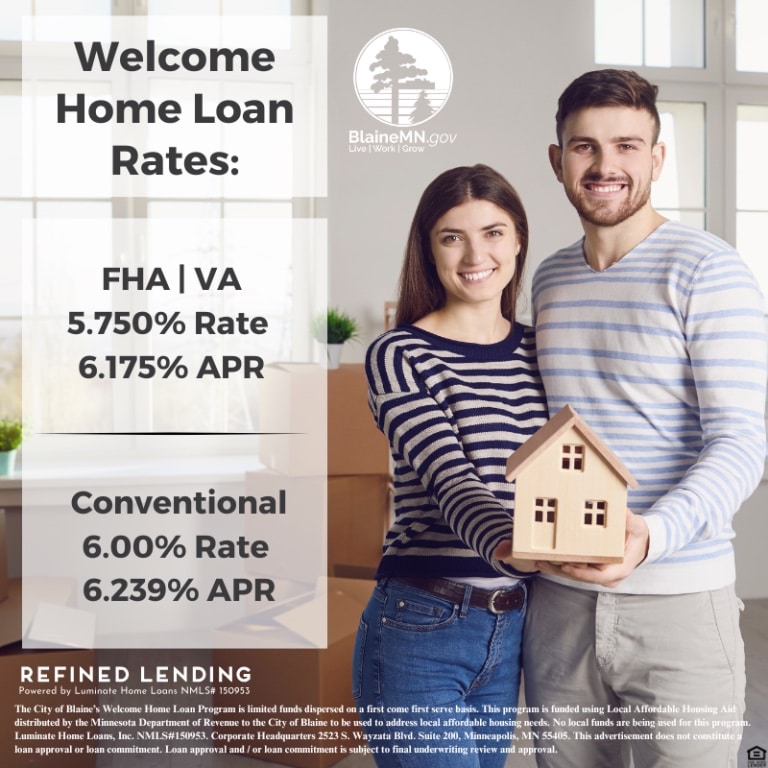 Couple smiling while holding a miniature house, with text displaying Welcome Home Loan Rates, including FHA/VA and Conventional loan rates, in a bright indoor setting.