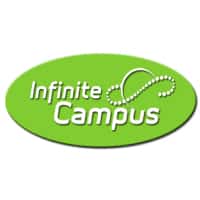 Logo of Infinite Campus, featuring a green oval background with white text, representing a platform for educational management and student information systems.