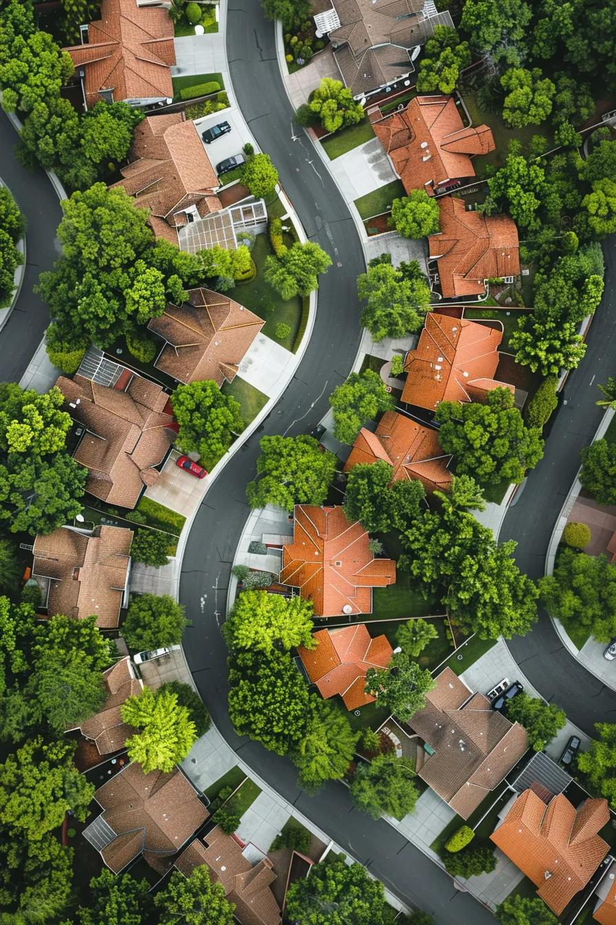 top view of homes with streets and trees no text no lettering